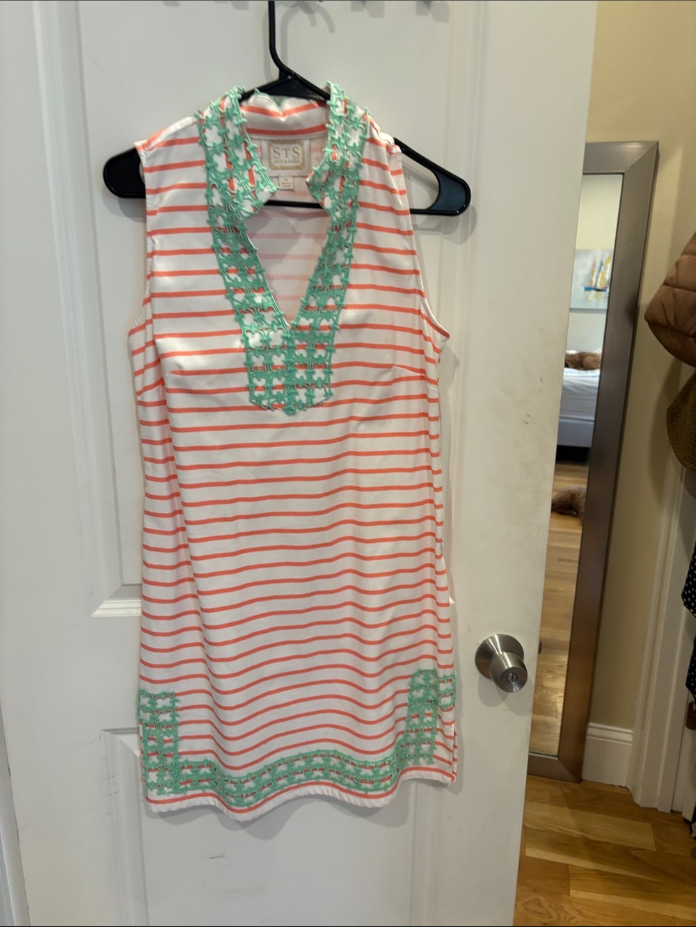 Sail to Sable White and Coral Striped Sleeveless Shift Dress with Mint Trim